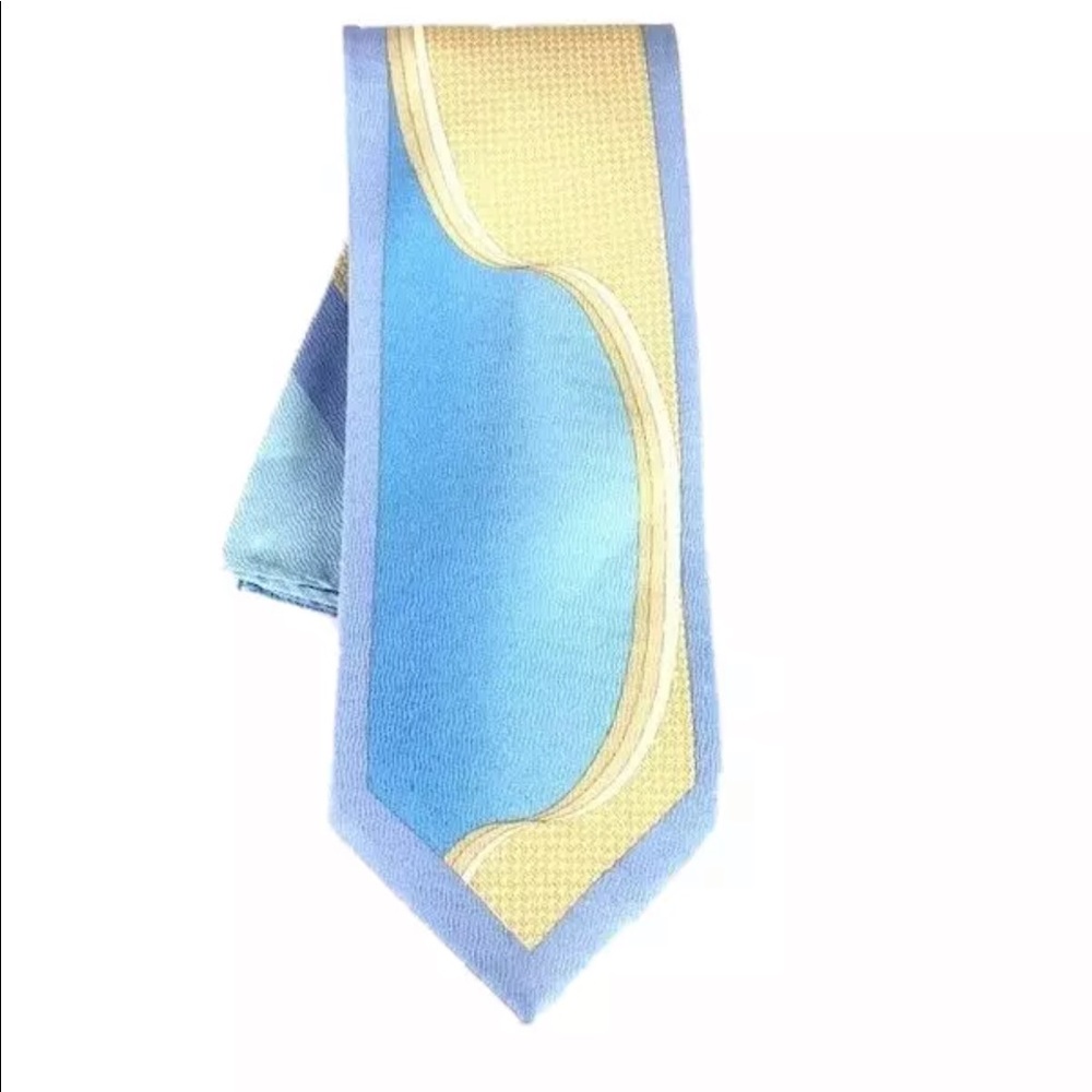 Henri Picard Men's Tie & Hanky Set Blue, Aqua and Khaki 100% Silk 4" Wide
